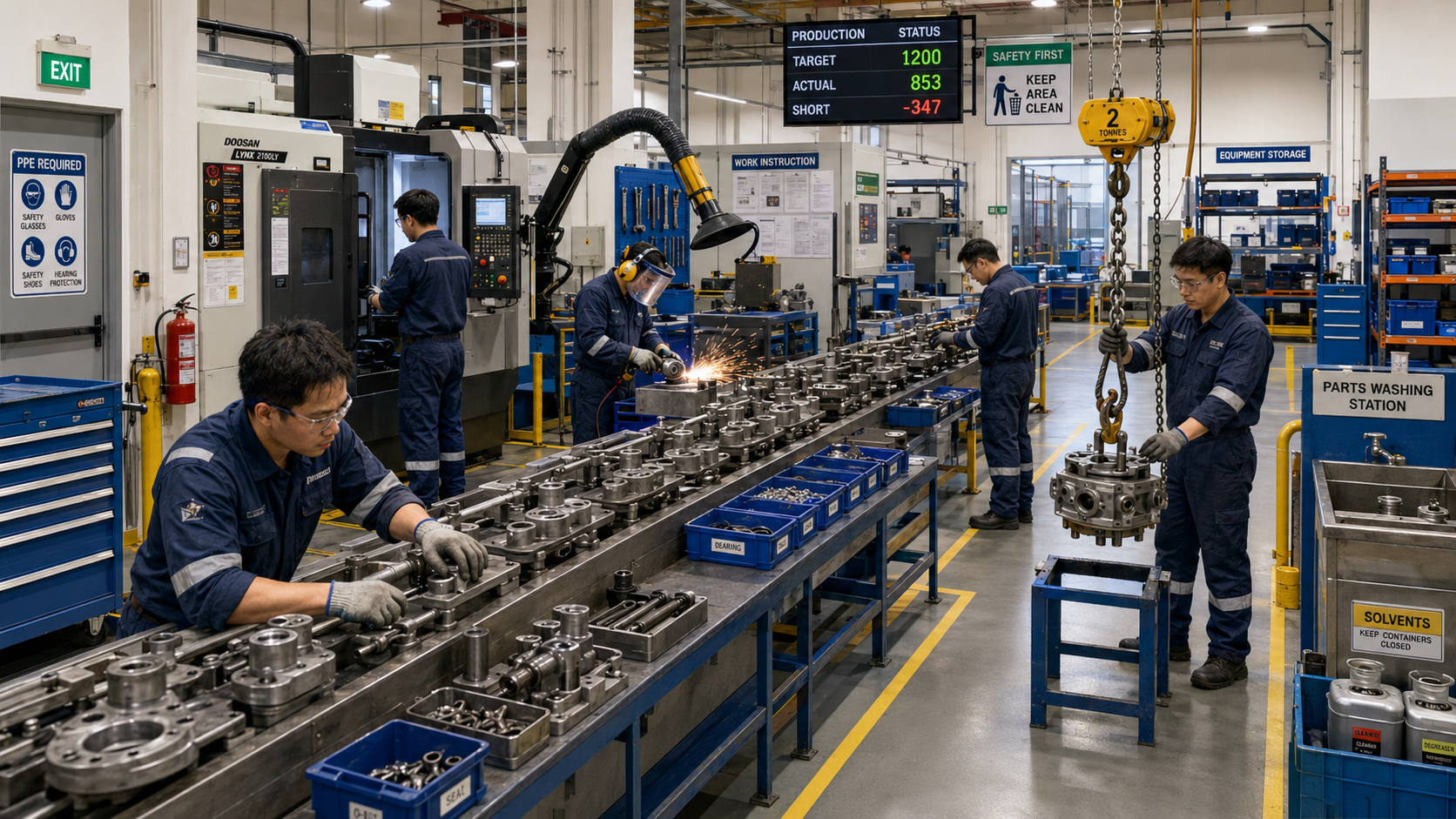 Illustration for Case Study 1 showing a manufacturing line with production and exposure hazards.