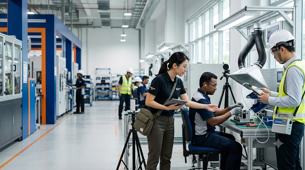 Ergonomist and occupational hygienist jointly assessing a workplace